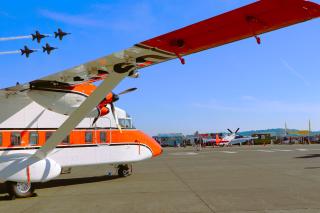 Shorts SD3-60 Sherpa aircraft used by smokejumpers. Above, a squad of Blue Angels flies.