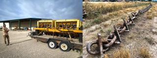 Left photo: A man stands next to equipment. Right photo: a large metal chain lays across dirt.
