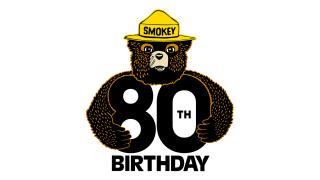 Illustrated logo of Smokey Bear behind 80th BIRTHDAY text.