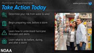 Hurricane preparedness graphic. Text: Take action today. Understand your risk from water & wind. Begin preparing now, before a storm. Learn how to understand hurricane forecasts & alerts. Learn what to do before, during & after a storm. Right side: Photo of two people standing in a store. Woman is pointing at shelves.