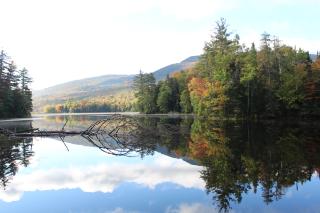 Fall foliage around Lefferts Pond in Vermont. Leaves are green, orange and yellow and are reflected in the pond.