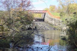 A stone and earth dam behind some trees.