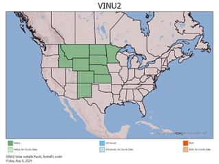 Range map of the Viola nuttalli plant showing the midwestern United States.