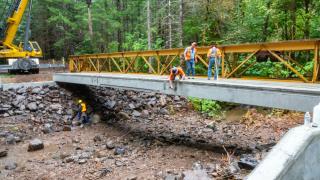 People wearing safety gear work on the construction of a new bridge spanning a wide forest creek.
