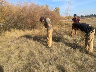 Two men out on a field taking measurements