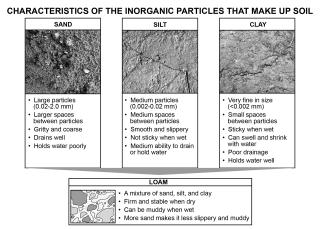 Illustration showing silt, sand, and clay soils characteristics of the inorganic particles that make up soil.