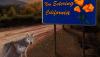 Image shows an illustration of two wolves on a dirt road looking at a Welcome to California road sign with mountains in the background.
