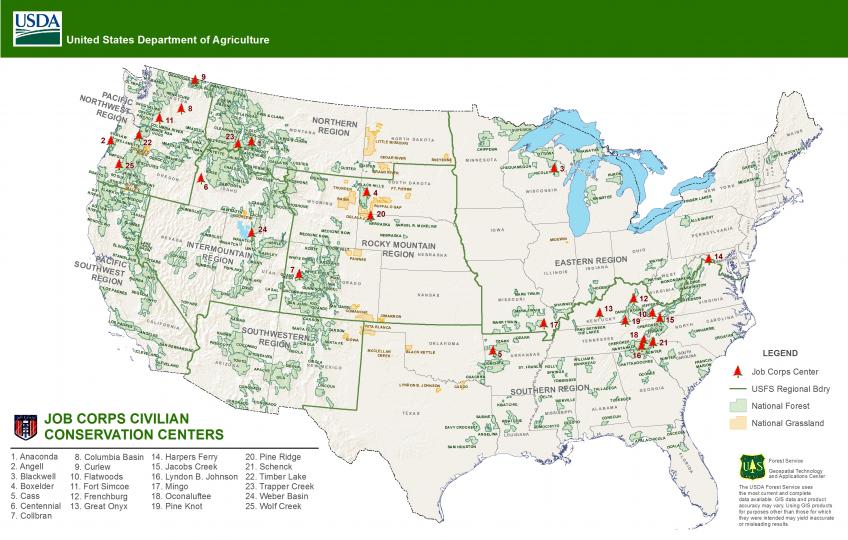 A map of the United States showing all the Job Corps Civilian Conservation Centers.
