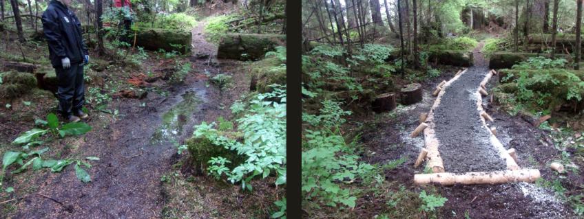 Before and after: Shelikof Trail hardening project.