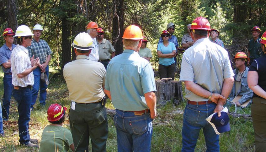 Bill Gamble and a group in hard hats tours a project on Wallowa-Whitman National Forest.