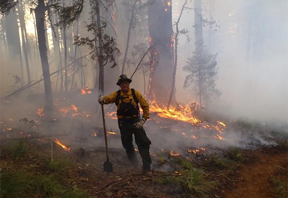 A man wearing fire gear  leans on his shovel in front of a low intensity fire.