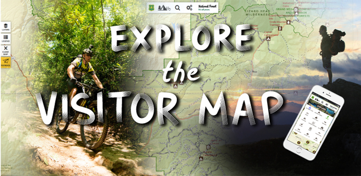 A graphic representing the Forest Service's Visitor Map product with the words Explore the Visitor Map on the graphic with a hiker, mobile device and mountain biker also on the graphic.