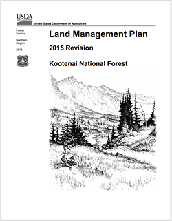 Cover Page graphic of the Kootenai Forest Plan.  Black and white graphic with a drawn mountain scene and document title