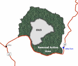 OU3-Jackson Location Map showing proximity to Highway 37 North on the southern edge of the project boundary and removal action areas surrounding the Operable Unit 3 boundary in the center