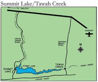 An illustrated map of the Summit Lake and Tawah Creek area.
