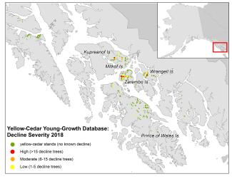 Map of southeast Alaska showing stands with young-growth yellow-cedar decline and severity levels