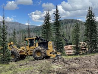 A yellow log skidder works as a green log processor is barely visible above a pile of stacked logs.