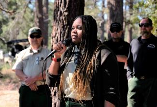 Forest Supervisor Danelle Harrison speaks at Thomas Mountain Prescribed Fire