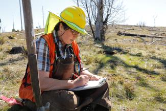 A woman writes notes on a clipboard outside.