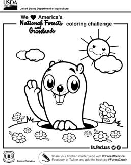 An image of a black and white coloring page of an illustrated smiling groundhog coming out of the ground and a smiling sun.