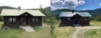 The Star Meadows Cabin before and after a new roof; one of three cabins to receive a new roof during the summer of 2022. Additional updates to Flathead National Forest rental cabins will continue in 2023.