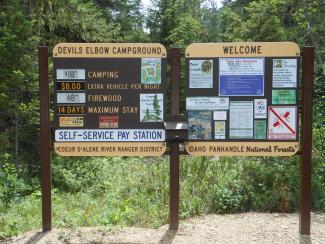 Devils Elbow Campground Pay and Information Kiosk Signs provide campers information on fees and payments as well as safety information and rules and regulations.