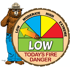 Smokey Bear with the low fire danger sign