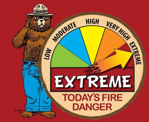 Smokey Bear sign with the arrow on "Extreme" fire danger level.