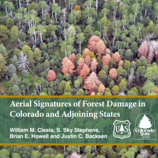 A stand of dying trees with the title "Aerial Signatures of Forest Damage in Colorado and Adjoining States"