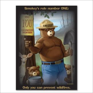 Smokey Bear stands by a tree with his shovel and two cubs.
