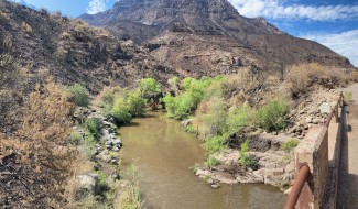 An image taken in August 2021 of the bridge over Fossil Creek after the Backbone Fire.