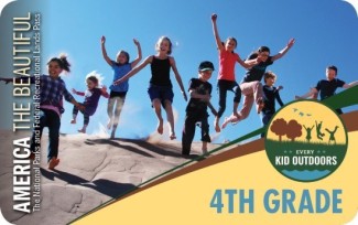 An image of the Every Kid Outdoors 4th grade pass shows children running and jumping