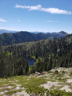 Vantage point from above sub alpine lake surrounded by mountains covered in conifer trees