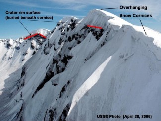 A picture showing a cornice along the rim of the Mount St. Helens crater.