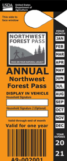 a picture of a pass that can hang on a rear-view mirror, lists dates and information about use.