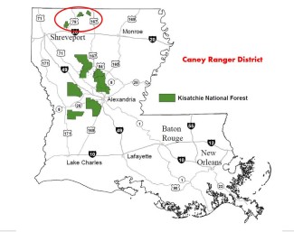 Louisiana map showing location of caney ranger district