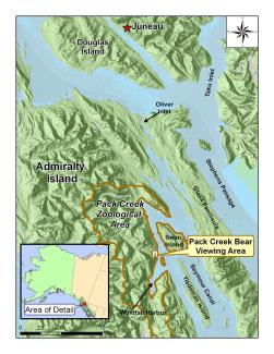A textured map of the Pack Creek Bear Viewing area.