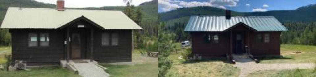 The Star Meadows Cabin before and after a new roof; one of three cabins to receive a new roof during the summer of 2022. Additional updates to Flathead National Forest rental cabins will continue in 2023.