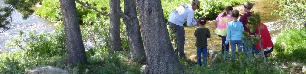 A group of kids learn to fish along a forest stream