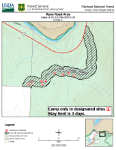Map displaying camping in designated sites with 3-day stay limit
