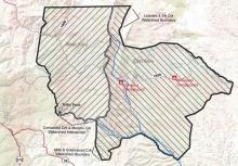 Map of Valle Vidal in New Mexico with overlaying lines showing the east and west closure areas.