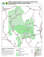 Map showing lands of the Gila National Foret in shades of green with black cross-hatching, where the 14-day camping limit applies