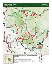 Tonto National Forest map indicating locations where there is special restrictions for occupancy and use