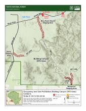 Map showing areas within Bulldog Canyon OHV area where camping is prohibited. 