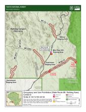 Map showing areas within Bulldog Canyon OHV area where camping is prohibited. 