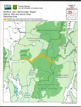Map of the Restricted Area of the Northern and Intermountain Region Salmon Wild and Scenic River Restricted Area in Idaho, an 80-mile long section of river including a buffer of  ¼ mile in width from the center of the river on either side of the river for the length of this wild segment. For a complete description read under the Restricted Area heading of this order.