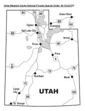 Map of Uinta-Wasatch-Cache National Forest showing boundaries for Forest Order 04-19-146 