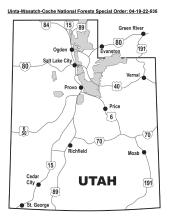 Map of the Uinta-Wasatch-Cache National Forest boundaries that pertain to the Forest Order 04-19-22-535 Prohibited Targets