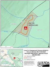 A map showing the location of Lone Fir Campground including a hash-mark section representing the area that is closed.
