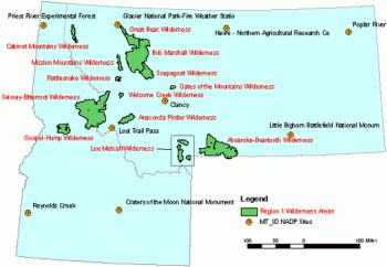 Montana / Idaho NADP Sites. A graphic of the state of Idaho and the State of Montana with sites identified.
